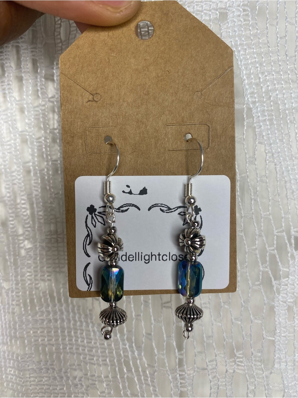 Silver Floral Dangle Earrings with Iridescent Blue Beads